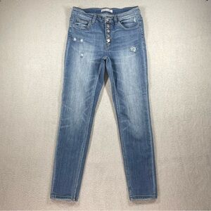 Flying Monkey Womens Blue Button Up Jeans Size 28 Mid Rise Distressed Stretch